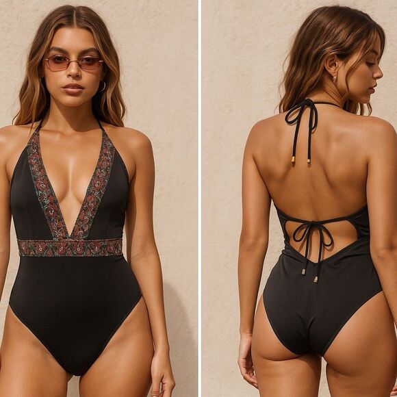 Cupshe NWT LG One Piece Black Low Plunge Halter Boho Open Back Y2K Paisley Trim - Picture 1 of 15